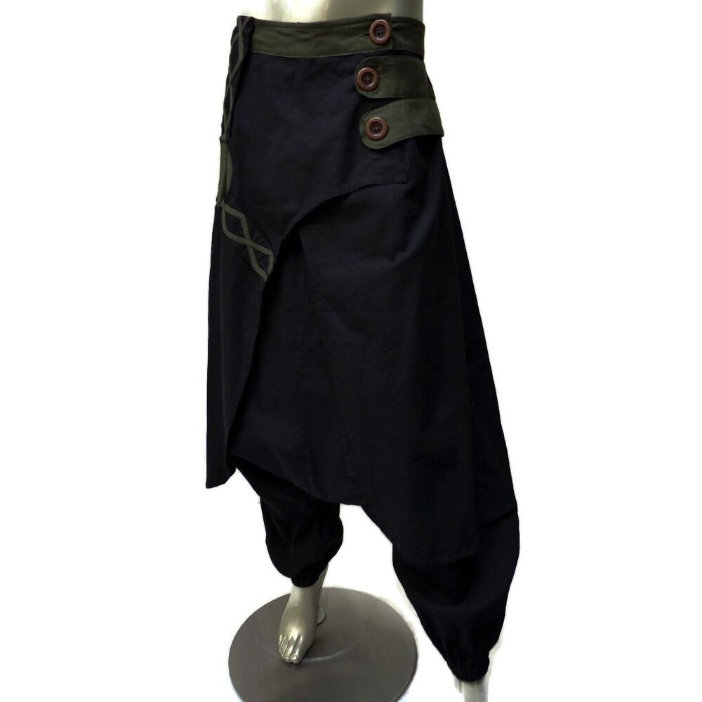 Thai Harem Pants Skirt Panel ONE SIZE Black Olive Wide Leg Boho Hippie